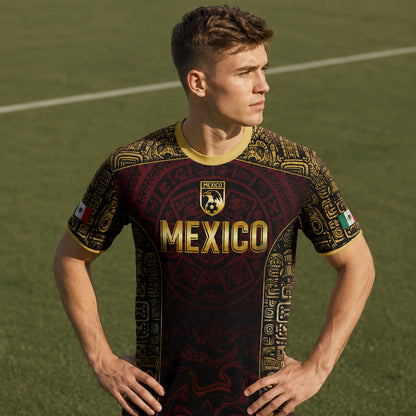 SJ-343-Maroon Mexico Aztec Eagle Soccer Jersey, Gold Print Calendar Football Shirt Sportswear Jersey