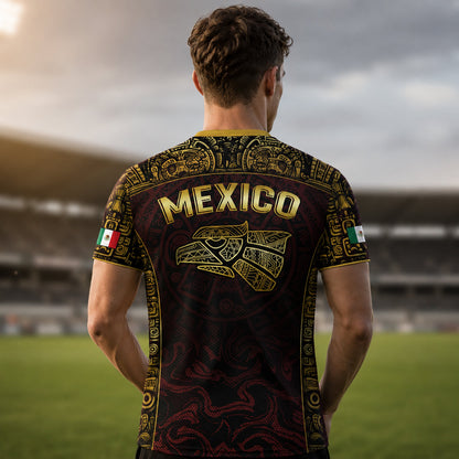 SJ-343-Maroon Mexico Aztec Eagle Soccer Jersey, Gold Print Calendar Football Shirt Sportswear Jersey