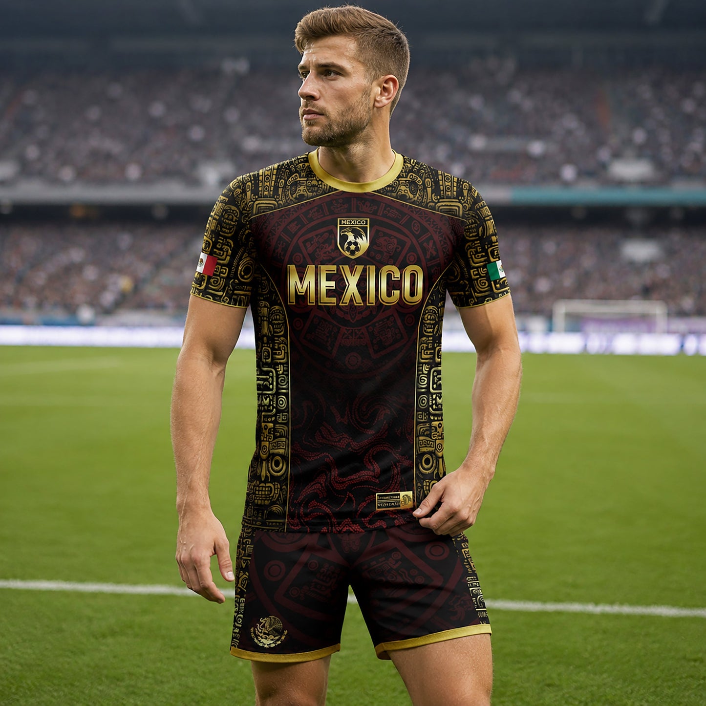 SJ-343-Maroon Mexico Aztec Eagle Soccer Jersey, Gold Print Calendar Football Shirt Sportswear Jersey