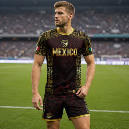 SJ-343-Maroon Mexico Aztec Eagle Soccer Jersey, Gold Print Calendar Football Shirt Sportswear Jersey