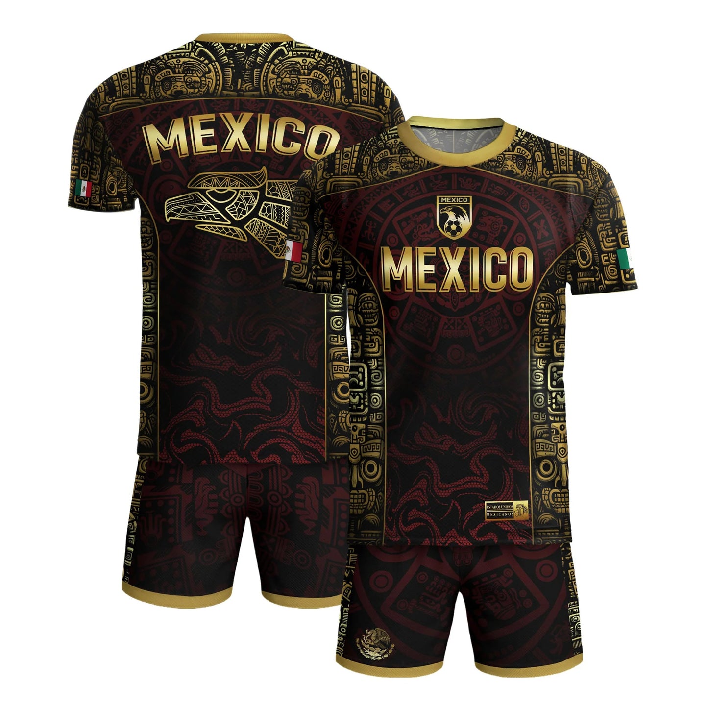 SJ-343-Maroon Mexico Aztec Eagle Soccer Jersey, Gold Print Calendar Football Shirt Sportswear Jersey