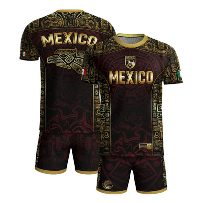 SJ-343-Maroon Mexico Aztec Eagle Soccer Jersey, Gold Print Calendar Football Shirt Sportswear Jersey