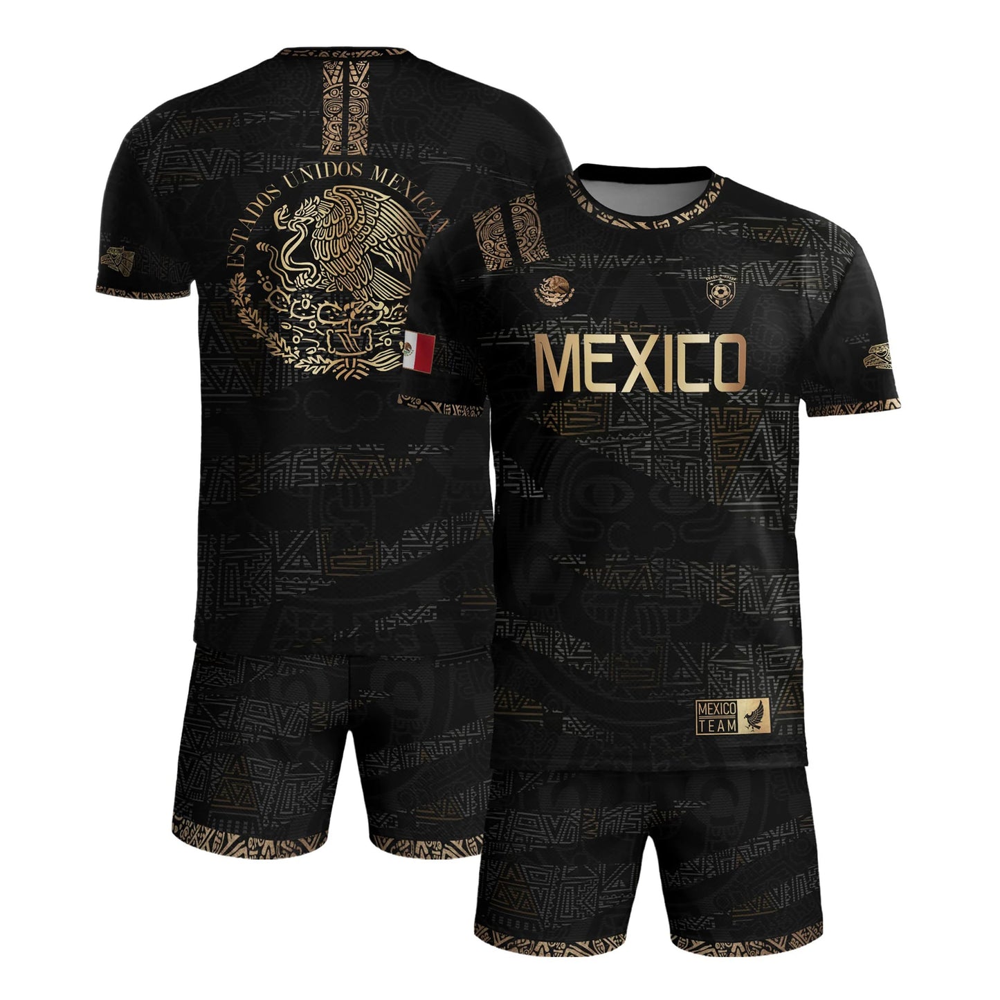SJ-344-Adult/Youth Mexico Aztec Eagle Soccer Jersey Set, Matching Shorts Graphic Football Sportswear Outfit