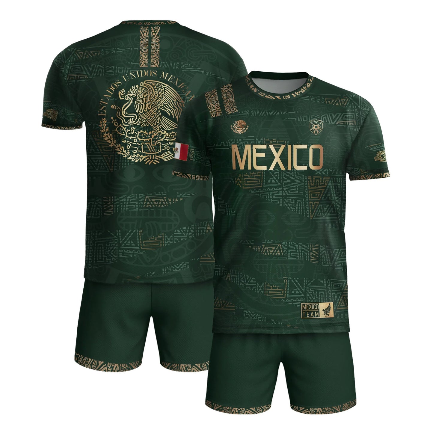 SJ-344-Adult/Youth Mexico Aztec Eagle Soccer Jersey Set, Matching Shorts Graphic Football Sportswear Outfit