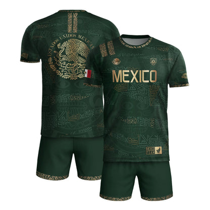 SJ-344-Adult/Youth Mexico Aztec Eagle Soccer Jersey Set, Matching Shorts Graphic Football Sportswear Outfit