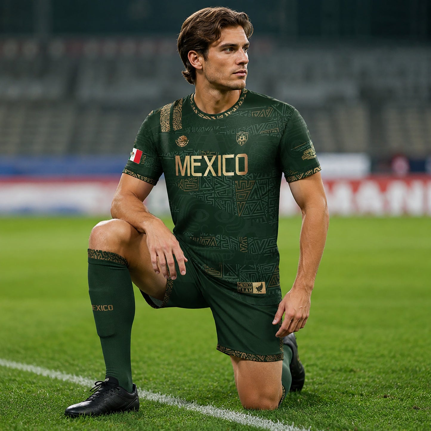 SJ-344-Adult/Youth Mexico Aztec Eagle Soccer Jersey Set, Matching Shorts Graphic Football Sportswear Outfit