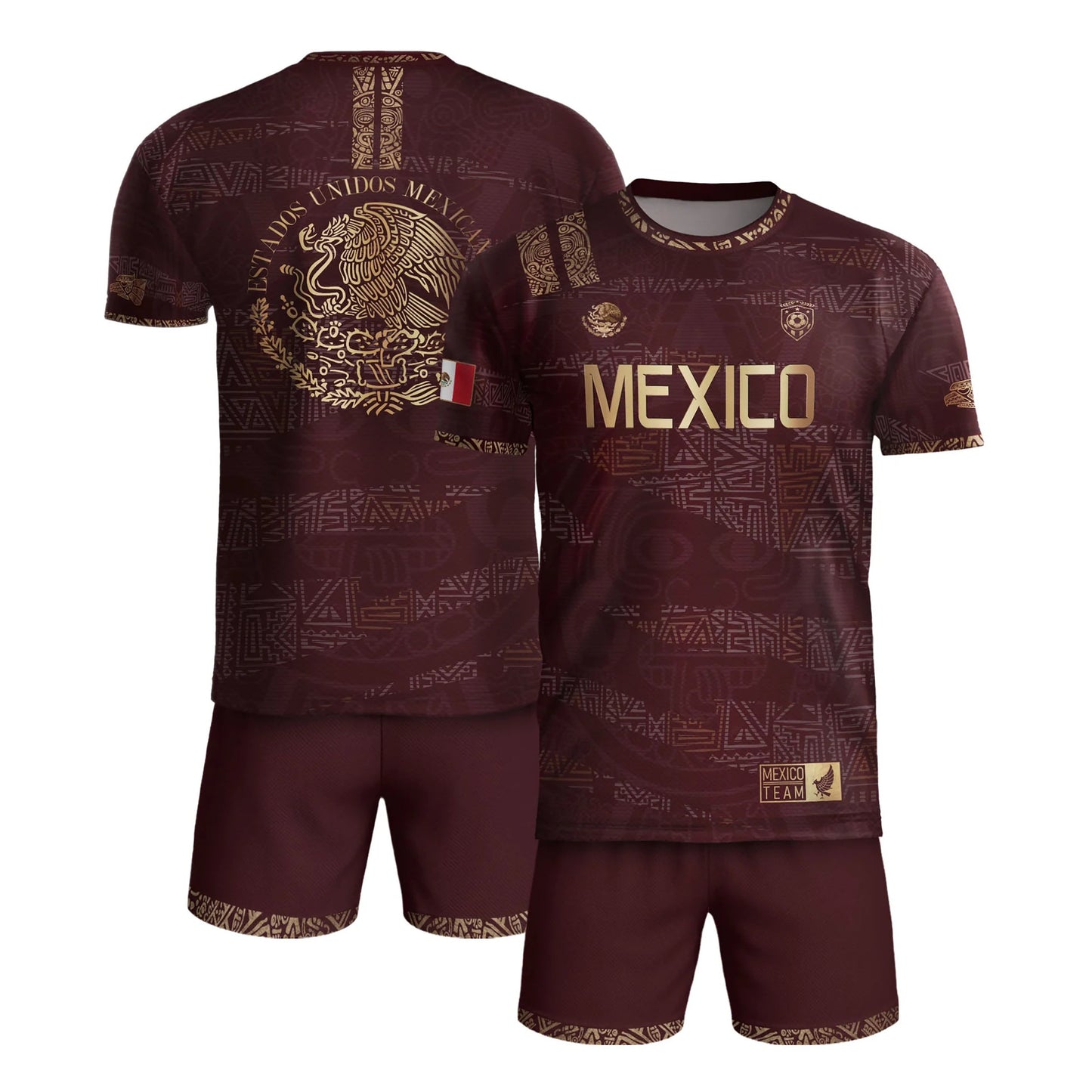 SJ-344-Adult/Youth Mexico Aztec Eagle Soccer Jersey Set, Matching Shorts Graphic Football Sportswear Outfit