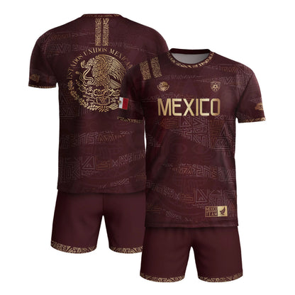SJ-344-Adult/Youth Mexico Aztec Eagle Soccer Jersey Set, Matching Shorts Graphic Football Sportswear Outfit