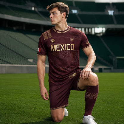 SJ-344-Adult/Youth Mexico Aztec Eagle Soccer Jersey Set, Matching Shorts Graphic Football Sportswear Outfit
