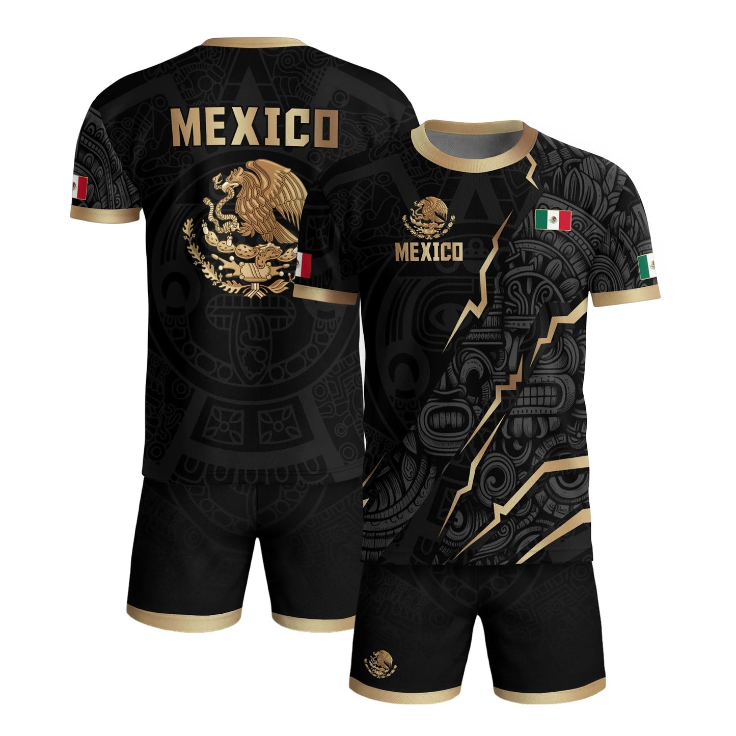 SJ-345-Repeating Mexican Heritage Printed Football Uniform, Shorts Colorful Tribal Warrior Match Day Coordinates