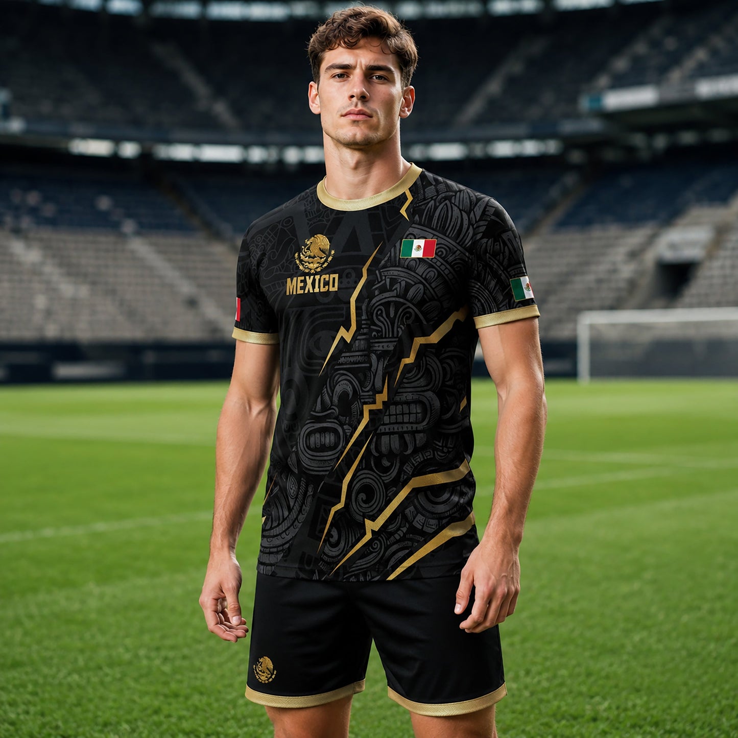 SJ-345-Repeating Mexican Heritage Printed Football Uniform, Shorts Colorful Tribal Warrior Match Day Coordinates