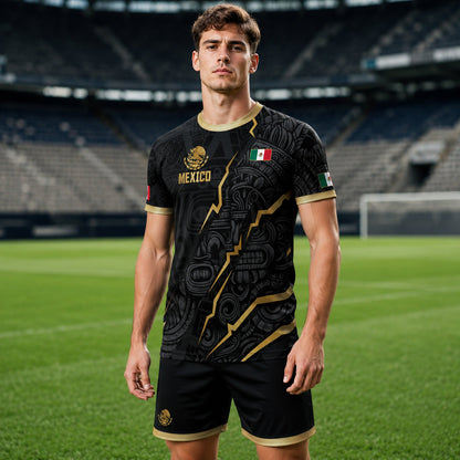 SJ-345-Repeating Mexican Heritage Printed Football Uniform, Shorts Colorful Tribal Warrior Match Day Coordinates