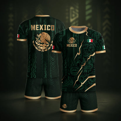 SJ-345-Repeating Mexican Heritage Printed Football Uniform, Shorts Colorful Tribal Warrior Match Day Coordinates