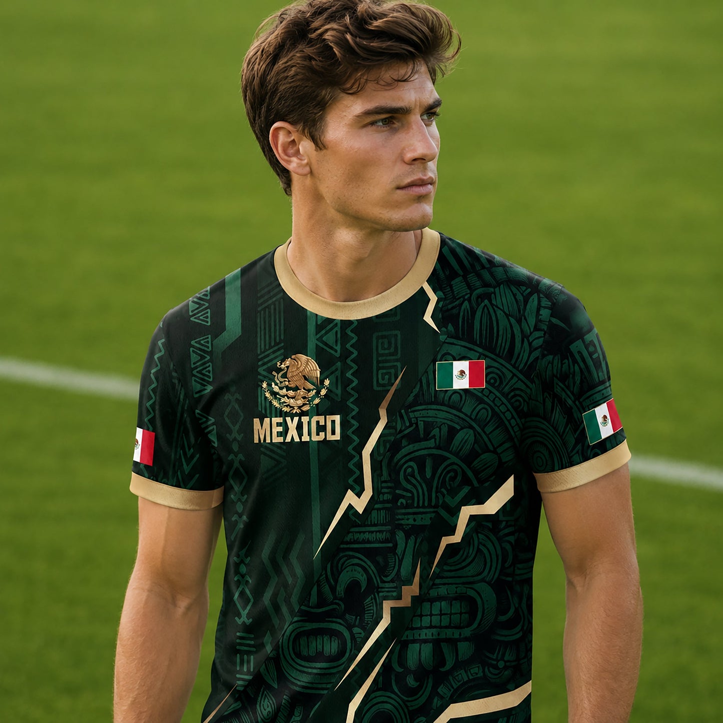 SJ-345-Repeating Mexican Heritage Printed Football Uniform, Shorts Colorful Tribal Warrior Match Day Coordinates