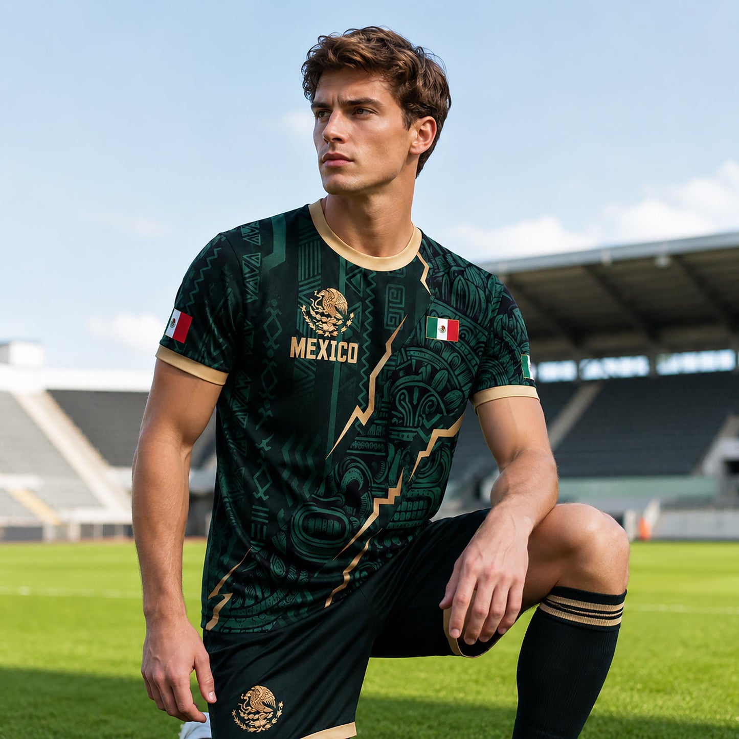 SJ-345-Repeating Mexican Heritage Printed Football Uniform, Shorts Colorful Tribal Warrior Match Day Coordinates