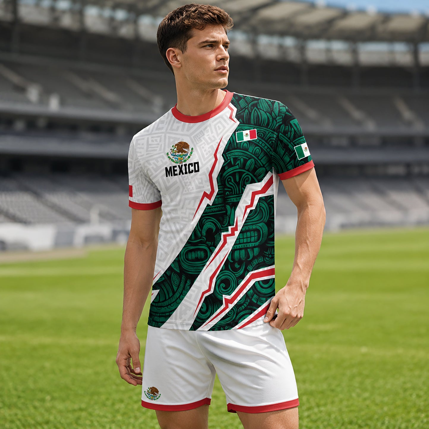SJ-345-Repeating Mexican Heritage Printed Football Uniform, Shorts Colorful Tribal Warrior Match Day Coordinates