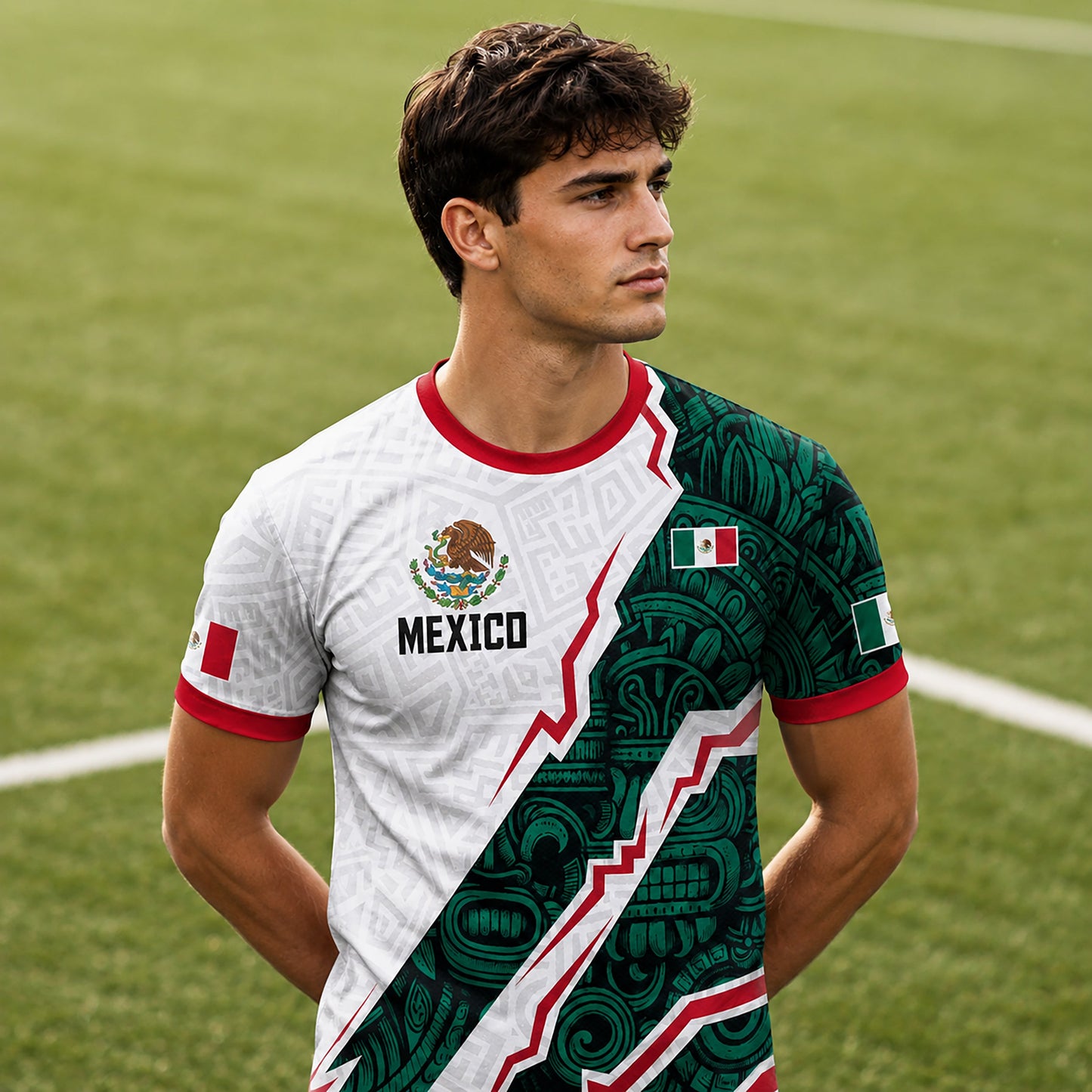 SJ-345-Repeating Mexican Heritage Printed Football Uniform, Shorts Colorful Tribal Warrior Match Day Coordinates