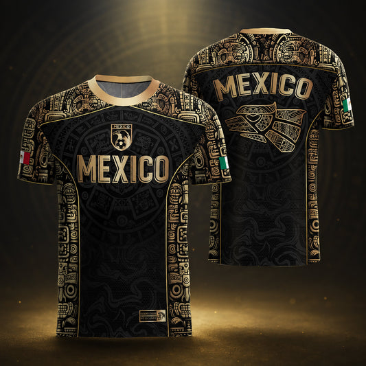 SJ-346-Multicolor Mexico Aztec Soccer Jersey Set, Gold Lightning Pattern Eagle Athletic Sportswear Outfit