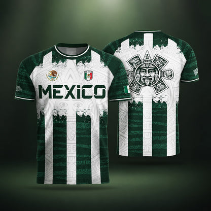 SJ-347-Green White Striped Mexico Aztec Soccer Jersey, Bold Calendar Pattern Athletic Sportswear Collection Outfit