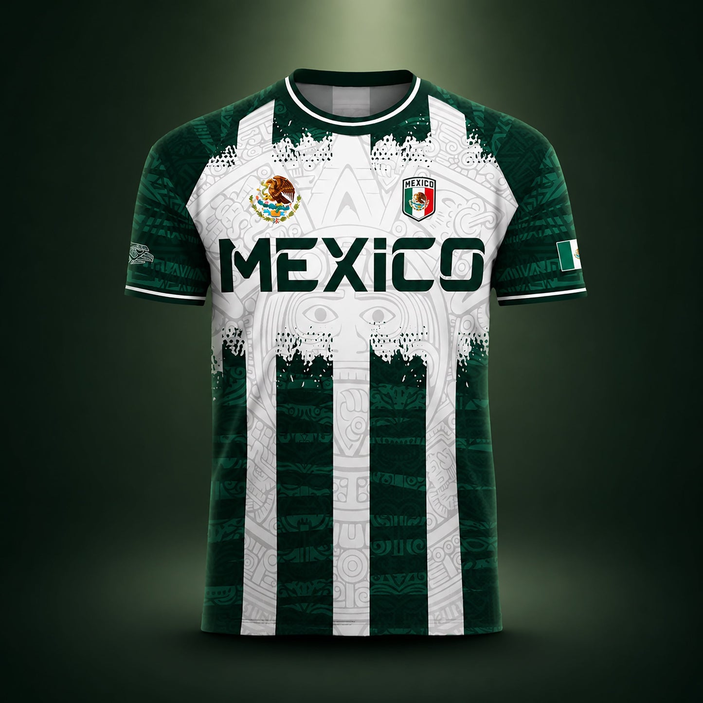 SJ-347-Green White Striped Mexico Aztec Soccer Jersey, Bold Calendar Pattern Athletic Sportswear Collection Outfit