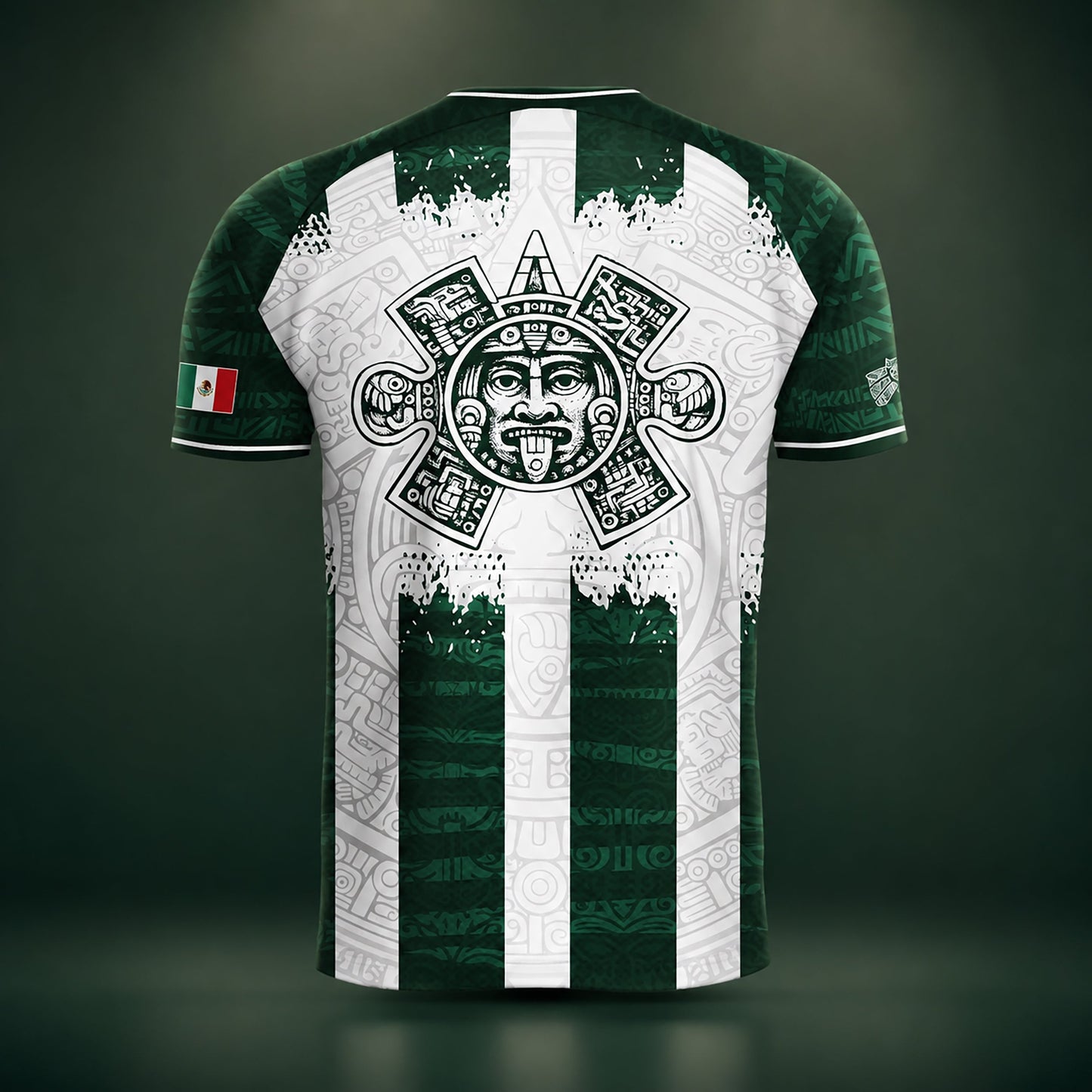 SJ-347-Green White Striped Mexico Aztec Soccer Jersey, Bold Calendar Pattern Athletic Sportswear Collection Outfit