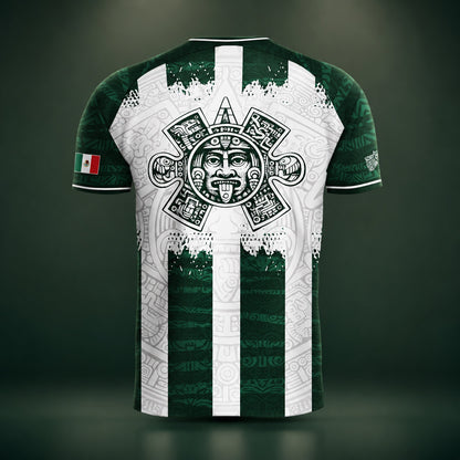 SJ-347-Green White Striped Mexico Aztec Soccer Jersey, Bold Calendar Pattern Athletic Sportswear Collection Outfit