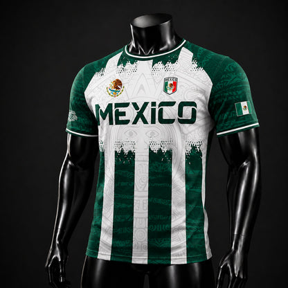 SJ-347-Green White Striped Mexico Aztec Soccer Jersey, Bold Calendar Pattern Athletic Sportswear Collection Outfit