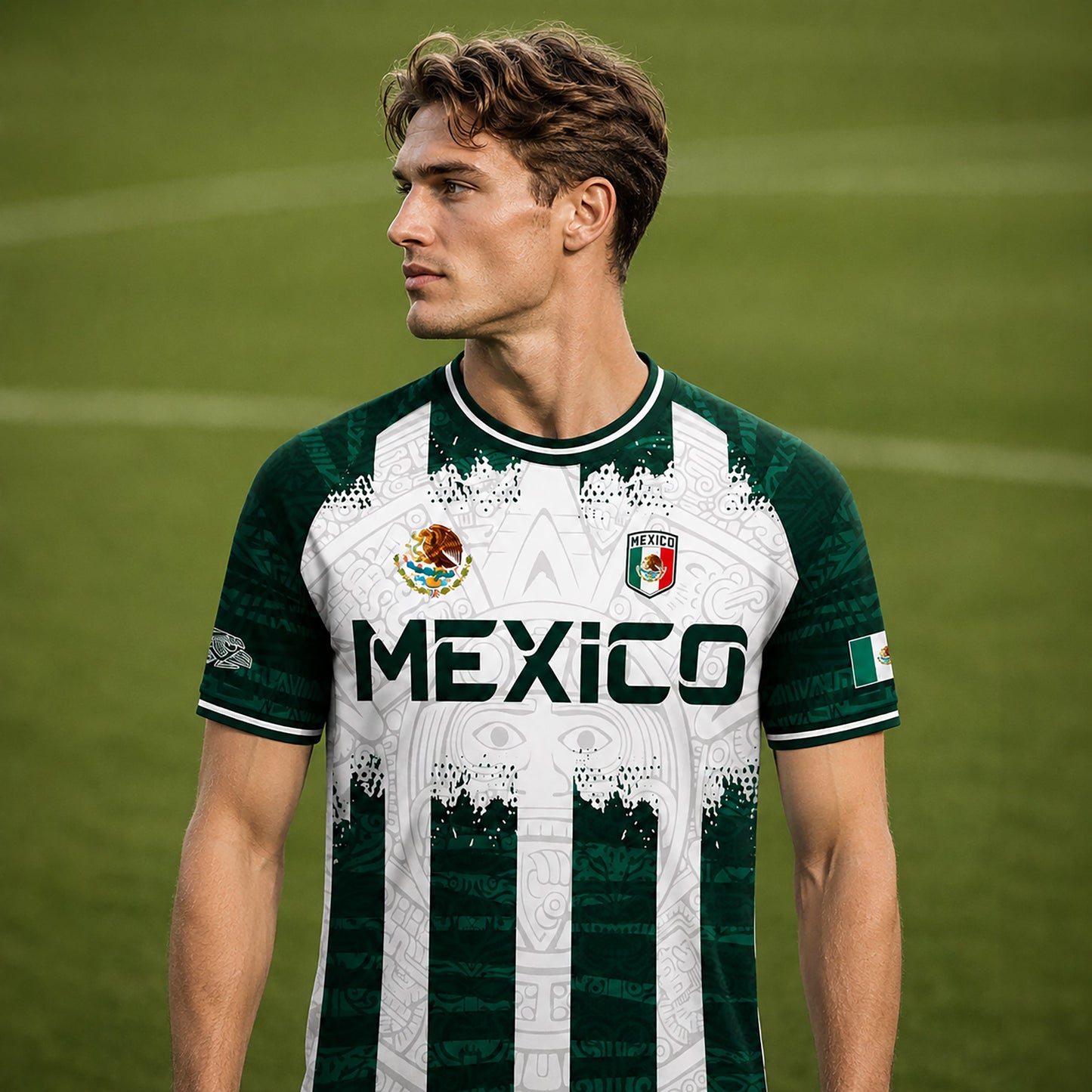SJ-347-Green White Striped Mexico Aztec Soccer Jersey, Bold Calendar Pattern Athletic Sportswear Collection Outfit