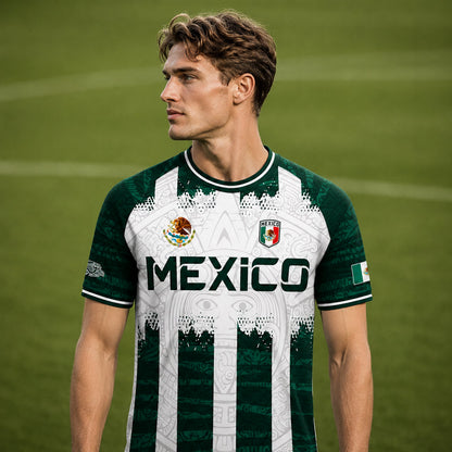 SJ-347-Green White Striped Mexico Aztec Soccer Jersey, Bold Calendar Pattern Athletic Sportswear Collection Outfit