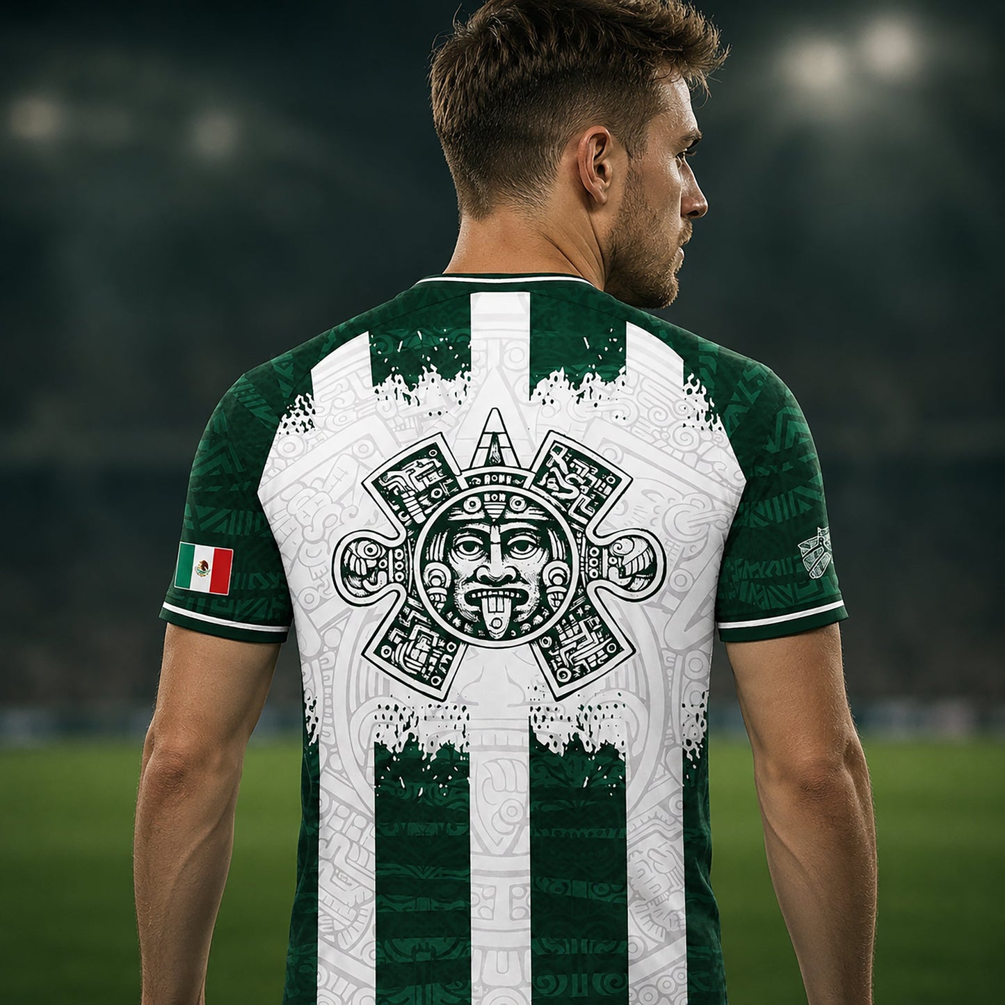 SJ-347-Green White Striped Mexico Aztec Soccer Jersey, Bold Calendar Pattern Athletic Sportswear Collection Outfit