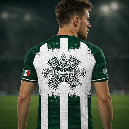 SJ-347-Green White Striped Mexico Aztec Soccer Jersey, Bold Calendar Pattern Athletic Sportswear Collection Outfit