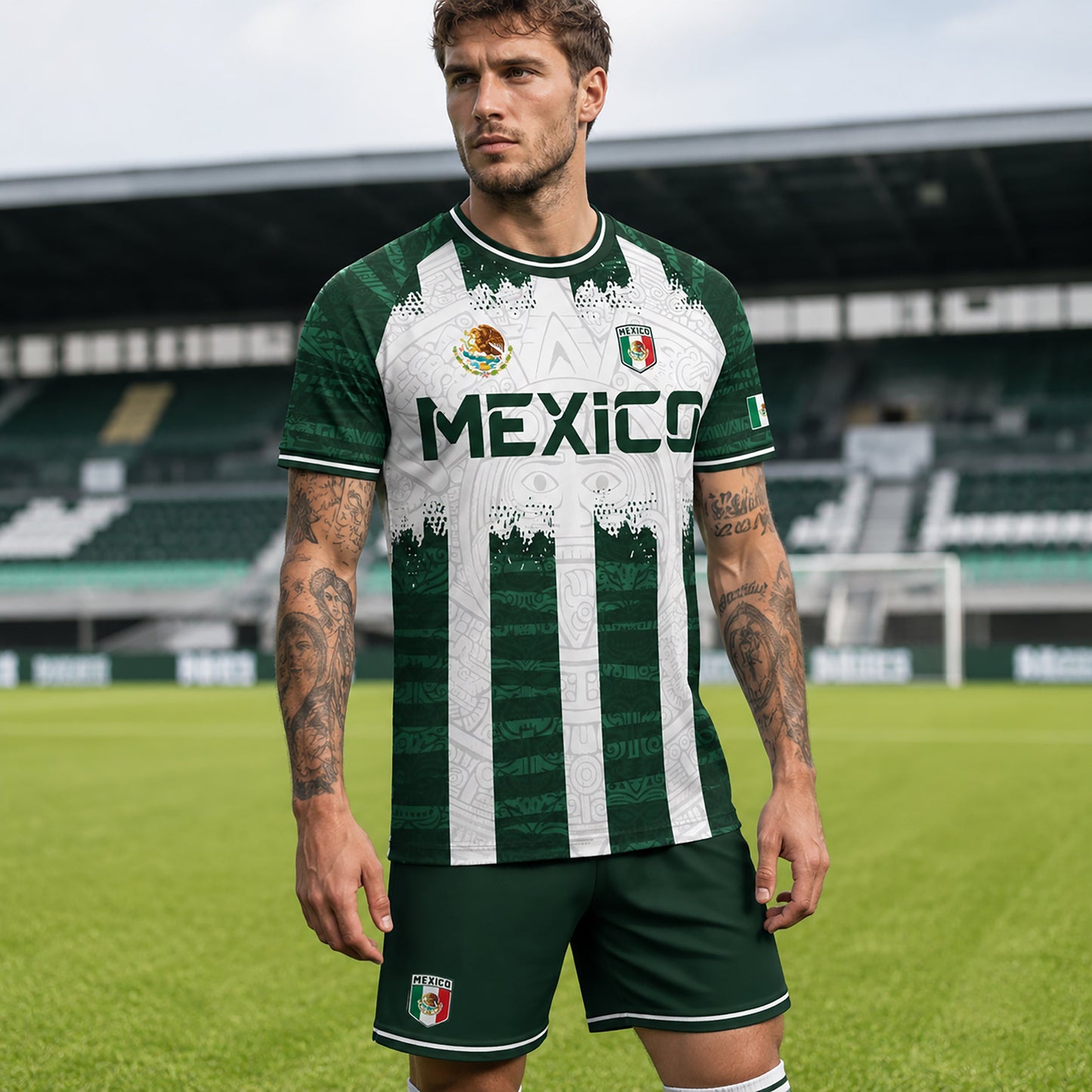 SJ-347-Green White Striped Mexico Aztec Soccer Jersey, Bold Calendar Pattern Athletic Sportswear Collection Outfit