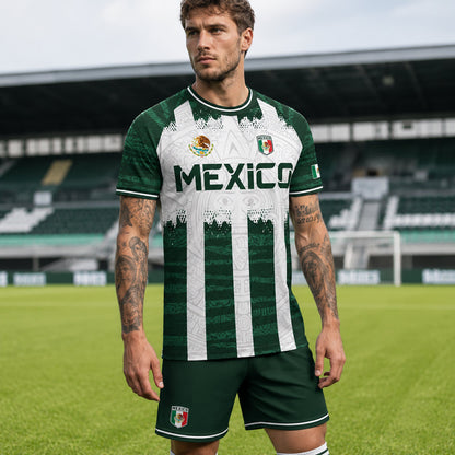 SJ-347-Green White Striped Mexico Aztec Soccer Jersey, Bold Calendar Pattern Athletic Sportswear Collection Outfit
