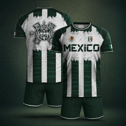 SJ-347-Green White Striped Mexico Aztec Soccer Jersey, Bold Calendar Pattern Athletic Sportswear Collection Outfit