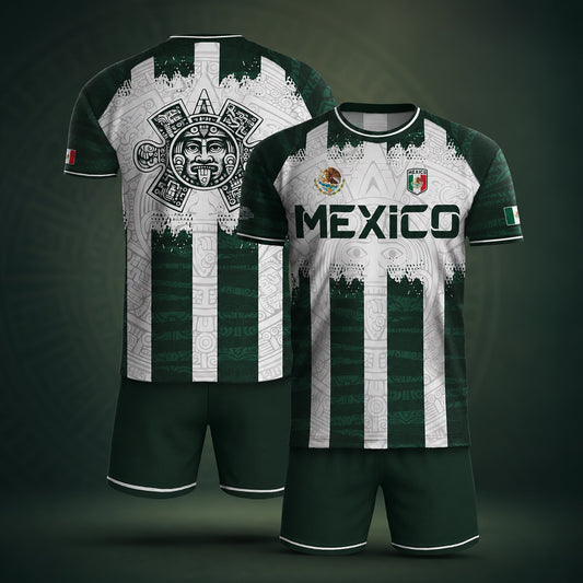 SJ-347-Green White Striped Mexico Aztec Soccer Jersey, Bold Calendar Pattern Athletic Sportswear Collection Outfit