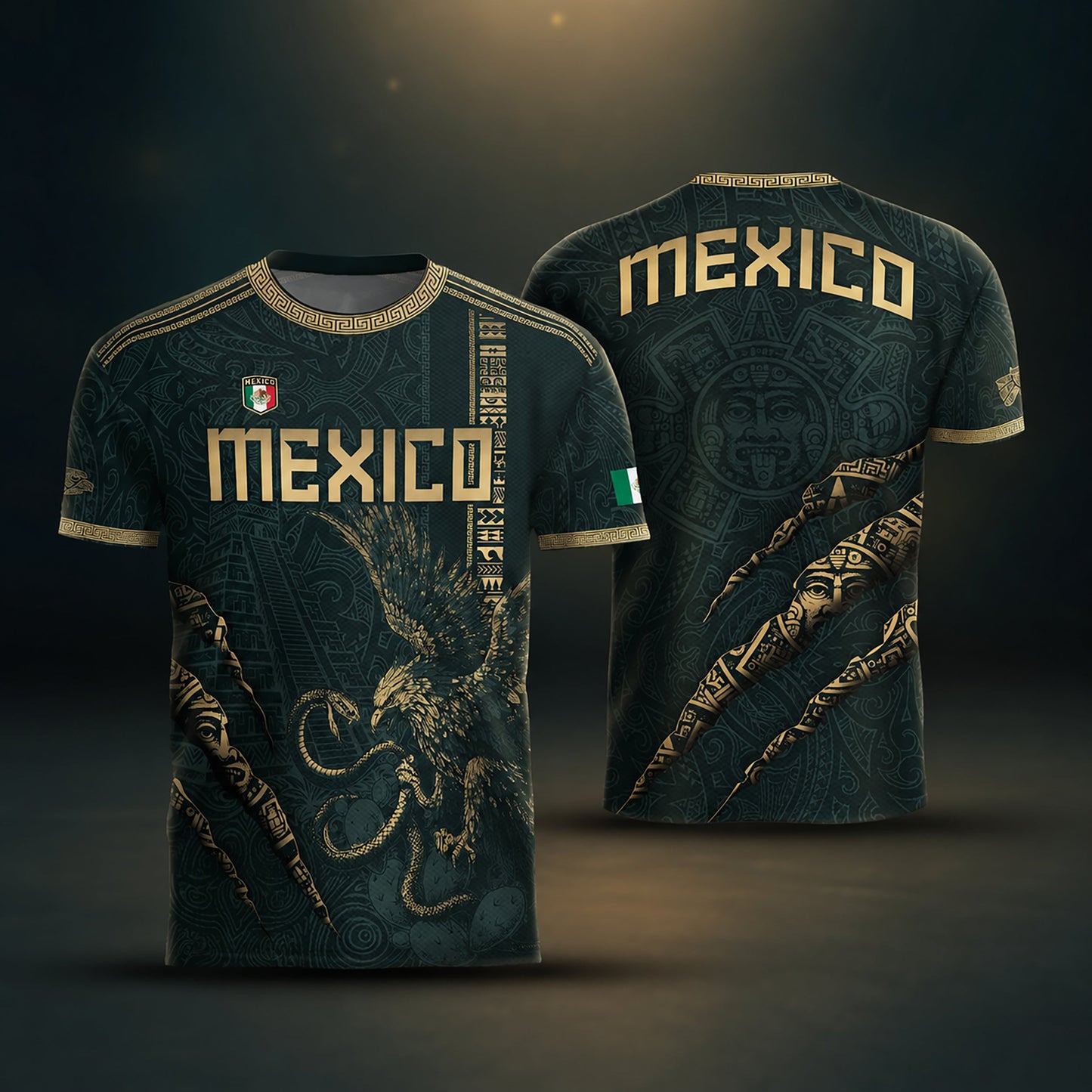 SJ-348-Dark Green Mexico Soccer Jersey, Gold Eagle Snake Pattern Athletic Sportswear Collection Outfit