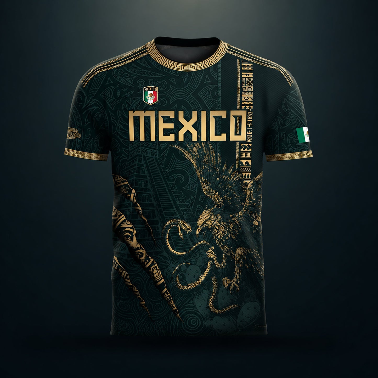 SJ-348-Dark Green Mexico Soccer Jersey, Gold Eagle Snake Pattern Athletic Sportswear Collection Outfit