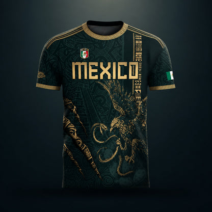 SJ-348-Dark Green Mexico Soccer Jersey, Gold Eagle Snake Pattern Athletic Sportswear Collection Outfit