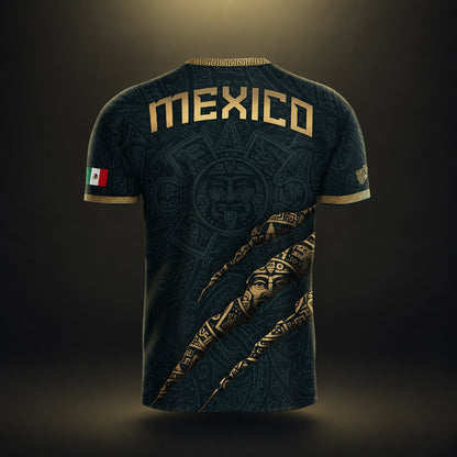 SJ-348-Dark Green Mexico Soccer Jersey, Gold Eagle Snake Pattern Athletic Sportswear Collection Outfit