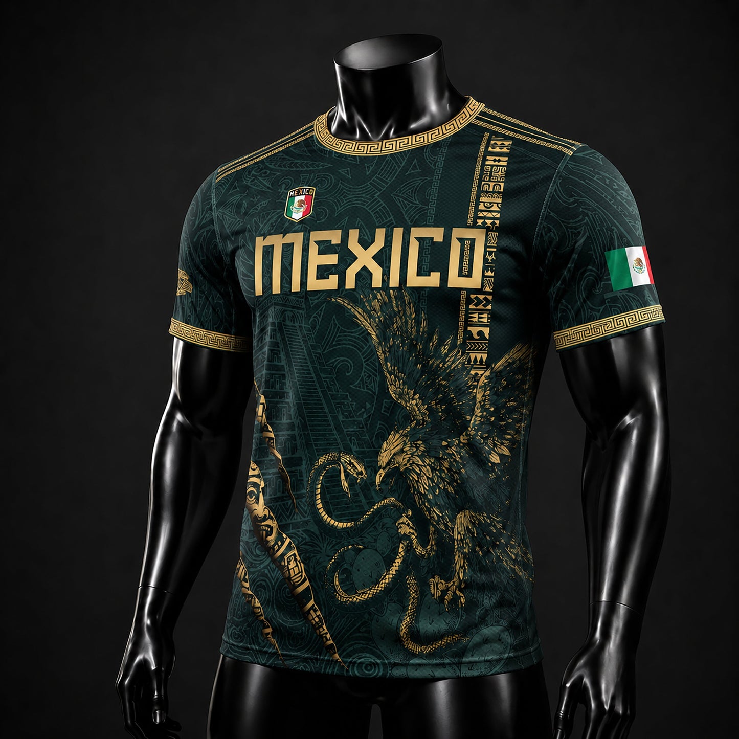 SJ-348-Dark Green Mexico Soccer Jersey, Gold Eagle Snake Pattern Athletic Sportswear Collection Outfit