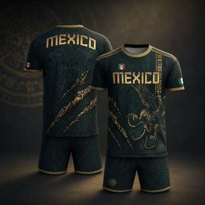 SJ-348-Dark Green Mexico Soccer Jersey, Gold Eagle Snake Pattern Athletic Sportswear Collection Outfit