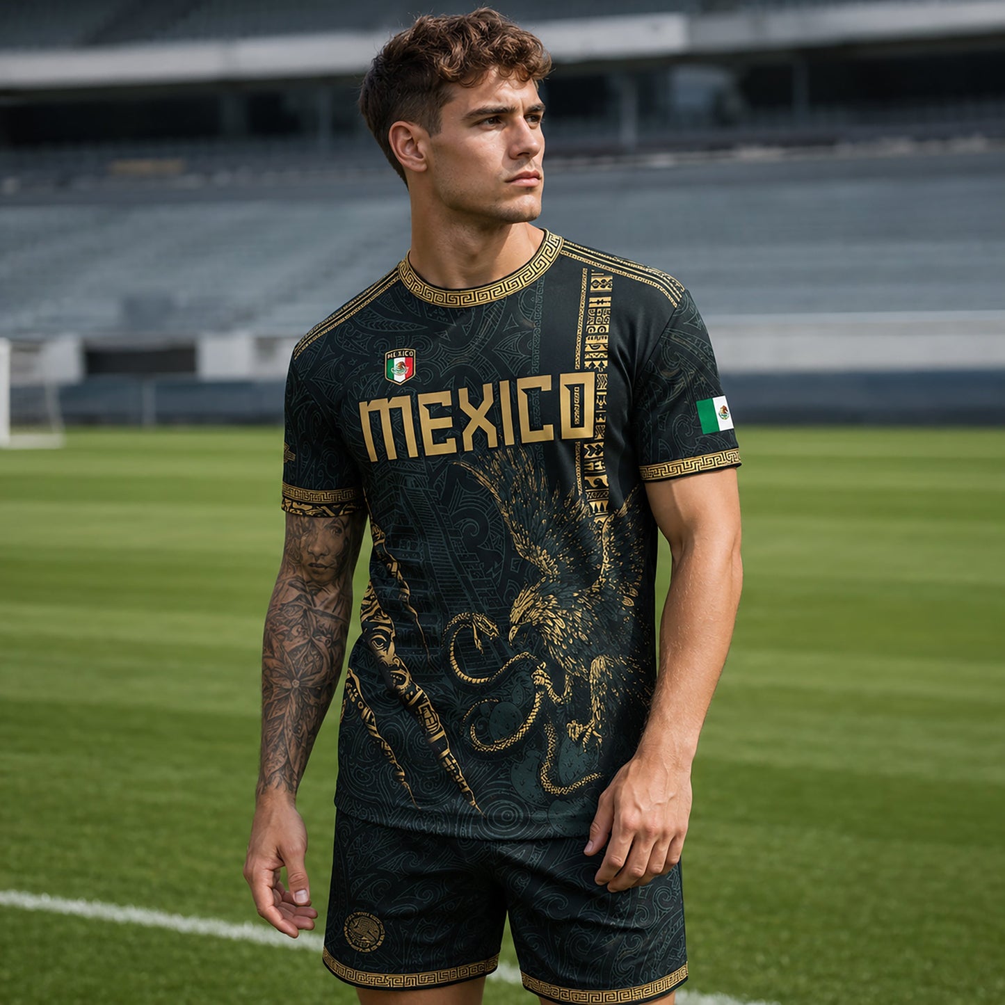 SJ-348-Dark Green Mexico Soccer Jersey, Gold Eagle Snake Pattern Athletic Sportswear Collection Outfit
