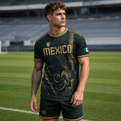 SJ-348-Dark Green Mexico Soccer Jersey, Gold Eagle Snake Pattern Athletic Sportswear Collection Outfit