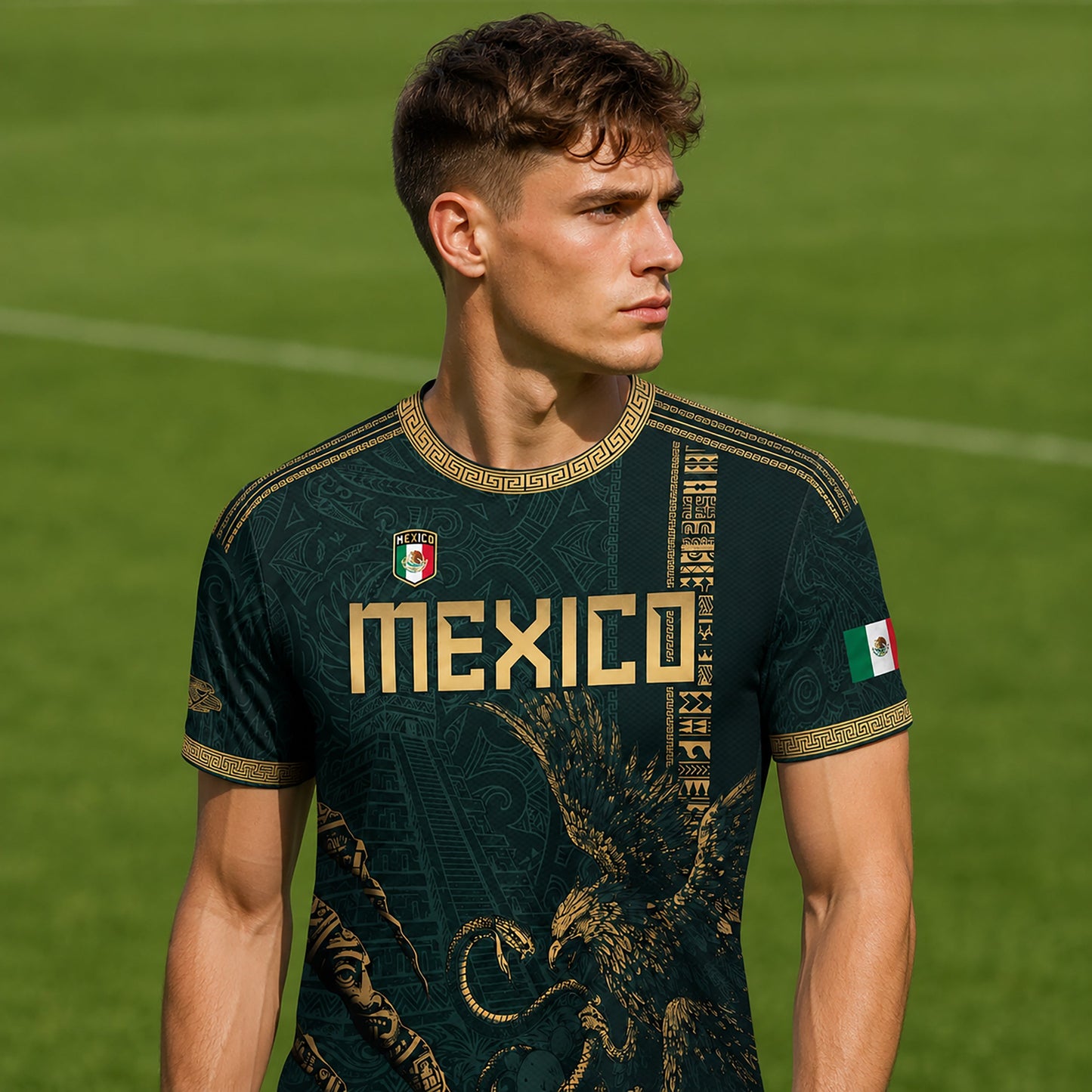 SJ-348-Dark Green Mexico Soccer Jersey, Gold Eagle Snake Pattern Athletic Sportswear Collection Outfit
