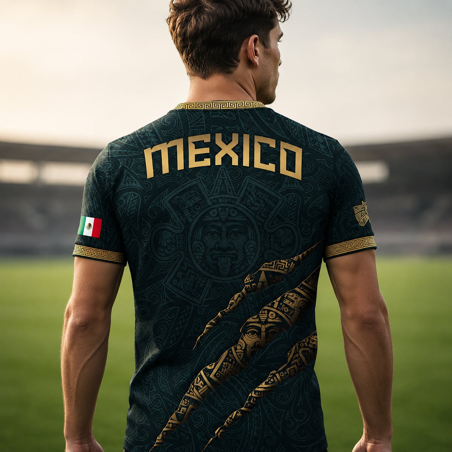 SJ-348-Dark Green Mexico Soccer Jersey, Gold Eagle Snake Pattern Athletic Sportswear Collection Outfit