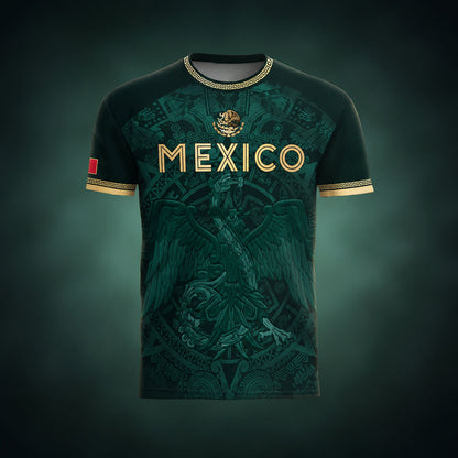 SJ-349-Green Mexico Soccer Jersey, Gold Eagle Seal Pattern Athletic Sportswear Collection Outfit