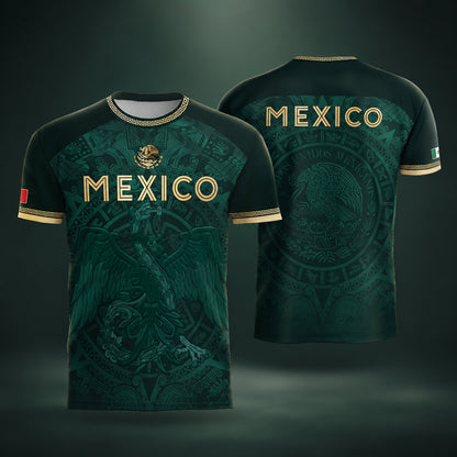 SJ-349-Green Mexico Soccer Jersey, Gold Eagle Seal Pattern Athletic Sportswear Collection Outfit