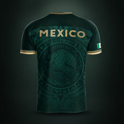 SJ-349-Green Mexico Soccer Jersey, Gold Eagle Seal Pattern Athletic Sportswear Collection Outfit