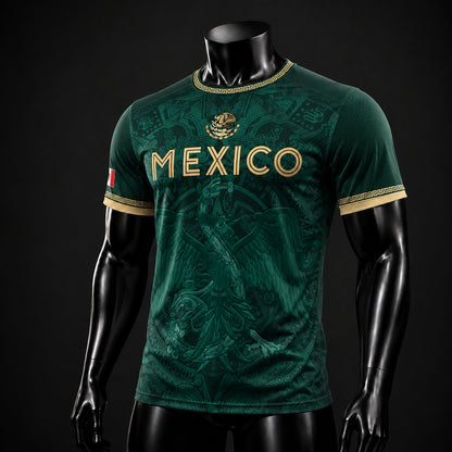 SJ-349-Green Mexico Soccer Jersey, Gold Eagle Seal Pattern Athletic Sportswear Collection Outfit