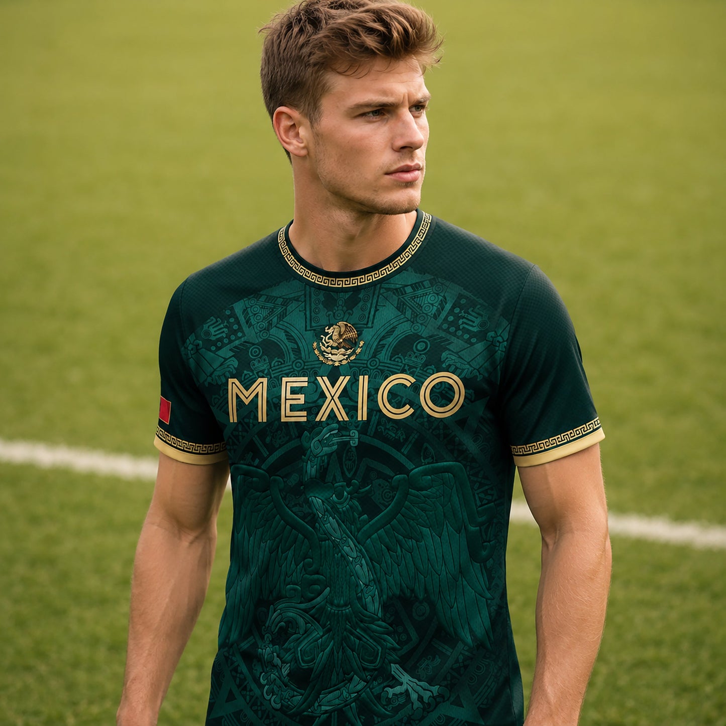 SJ-349-Green Mexico Soccer Jersey, Gold Eagle Seal Pattern Athletic Sportswear Collection Outfit